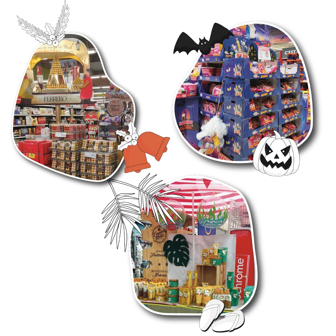 Collage saisonaler Instore-Displays: ein Weihnachts-Display von Ferrero, ein Halloween-Display von Haribo und ein Sommer-Display für Hautpflegeprodukte